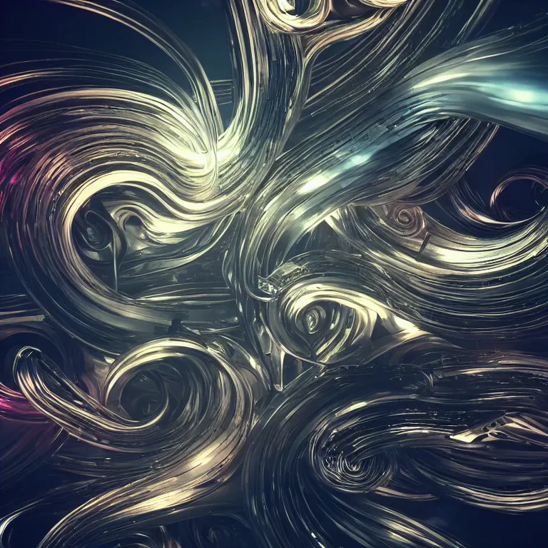 Image similar to swirling abstract cyborg parts and ornate flowing smoke streams and smooth particle effects surround a metallic spiral, cinematic, unreal engine