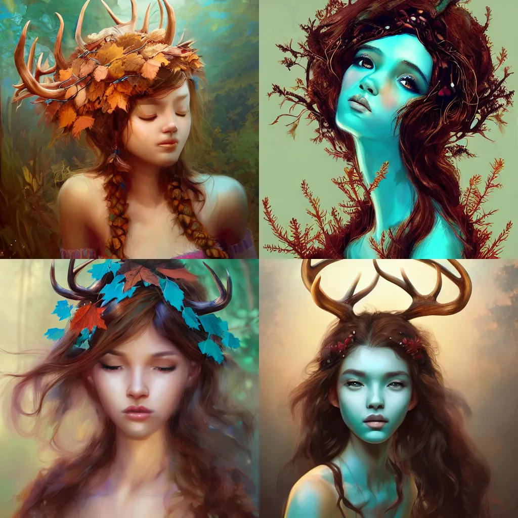 Prompt: A beautiful digital painting of a beautiful girl with teal skin and antlers made of wood on her head, brown curly hair with autmn leaves weaved into it, by Stanley Artgerm Lau, WLOP, Rossdraws, James Jean, Andrei Riabovitchev, Marc Simonetti, and Sakimichan, trending on artstation, SFW version