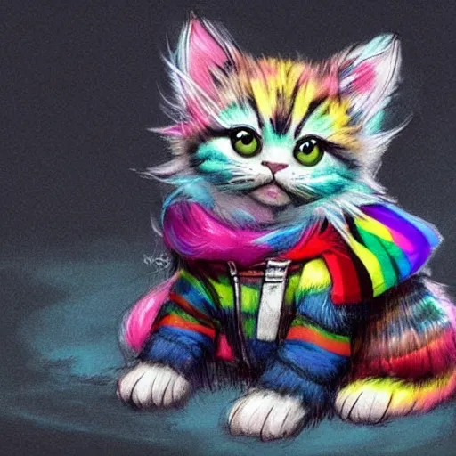 Image similar to wide angle full body, jacket wearing fluffy cute rainbow kitten wearing a black leather motorcycle jacket, cinematic concept art