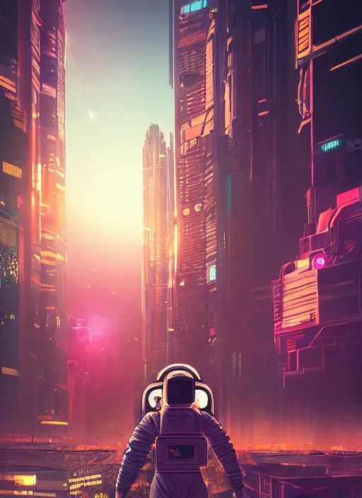 Prompt: An aesthetic Astronaut in a cyberpunk city during a sunset , extremely detailed digital painting, mystical colors, rim light, beautiful Lighting, 8k, stunning scene, raytracing