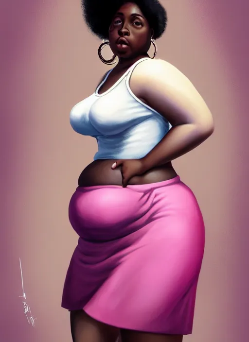 Image similar to full body portrait, teenage vanessa morgan, pink hair, dark skin, obese, curly pixie hair, sultry, realistic, short hair, hoop earrings, skirt, shirt, fat, belly, intricate, elegant, highly detailed, digital painting, artstation, concept art, smooth, sharp focus, illustration, art by wlop, mars ravelo and greg rutkowski