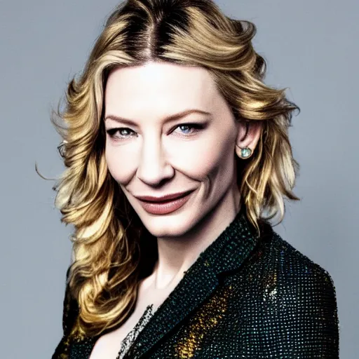 Image similar to full body tattooed cate blanchett with golden teeths 4k