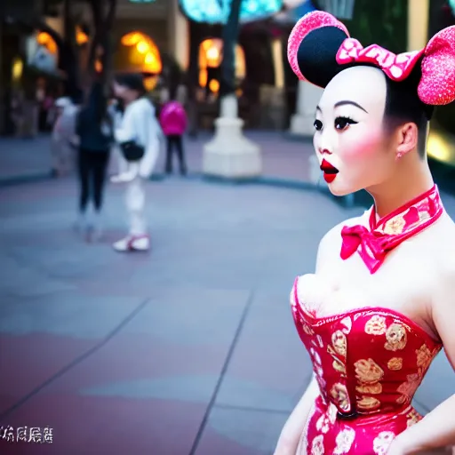 Image similar to beautiful bald chinese woman with pinup girl makeup at disneyland wearing mouse ears, night, highly detailed, theatrical lighting, sharp focus, unreal engine, epic cinematic hyperrealism masterpiece