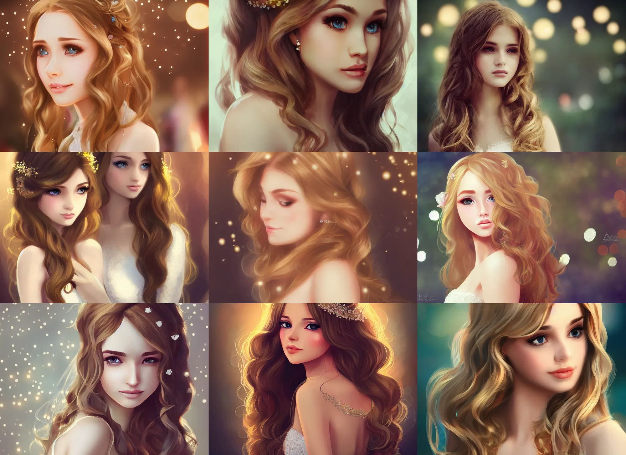 Image similar to a beauty with blonde wavy long hair and brown eyes and babyface attending weddings become the focus of the audience, bokeh, artstation