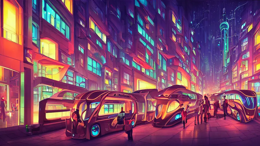 Prompt: street view of futuristic robot london city at night by cyril rolando and naomi okubo and dan mumford and zaha hadid. robots. robots walking the streets. advertisements for robots. robotic elegant lamps. robotic double decker bus.