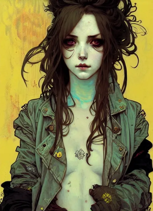 Image similar to highly detailed portrait of a moody sewerpunk young adult lady by krenz cushart, by artem demura, by alphonse mucha, by kaethe butcher, gradient yellow, black, brown and cyan color scheme, grunge aesthetic!!! ( ( graffiti tag city background ) )