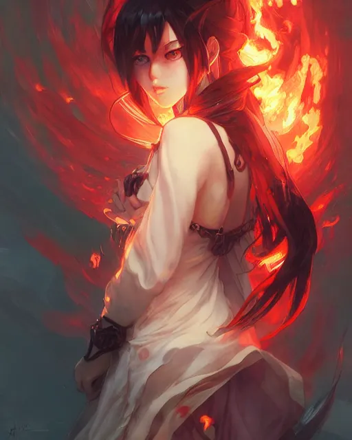 Image similar to red eyed beautiful anime girl, flames everywhere, highly detailed, digital painting, artstation, concept art, smooth, sharp focus, illustration, art by artgerm and greg rutkowski and alphonse mucha