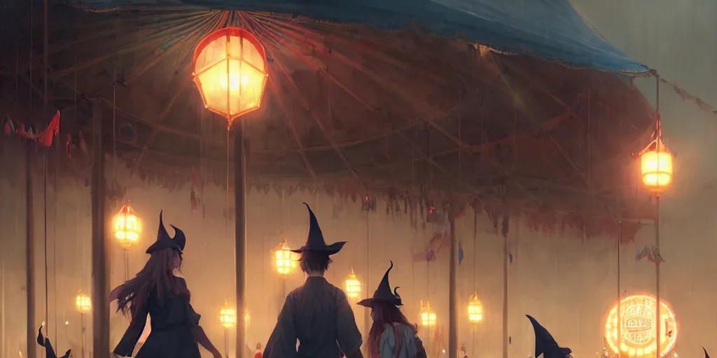 Image similar to close - up of student witches exploring and patrolling around a small carnival amusement, food stalls, big top circus tent, roaming entertainers, flashing lights, highly detailed, magical, japan mountains, digital painting, concept art, matte, art by ruan jia and wlop and greg rutkowski and makoto shinkai, masterpiece