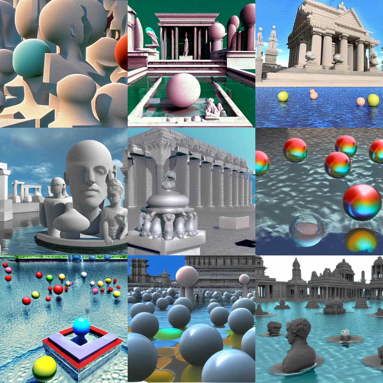 Prompt: still from a 1 9 8 3 3 d computer animation, constructive solid geometry, floating colored spheres and shapes, statues, faces, water, glass, marble, chrome, stone, dolphins, temples, clouds