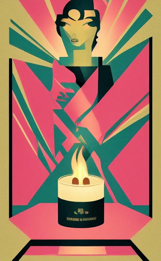 Image similar to illustration with beautiful scented candles, close - up photo in cozy interior, candle lighting, shadow play, light refraction, mirror, glowing, an art deco painting by tom whalen, trending on behance, art deco, digital illustration, storybook illustration, grainy texture, flat shading, vector art, airbrush, pastel, watercolor, poster