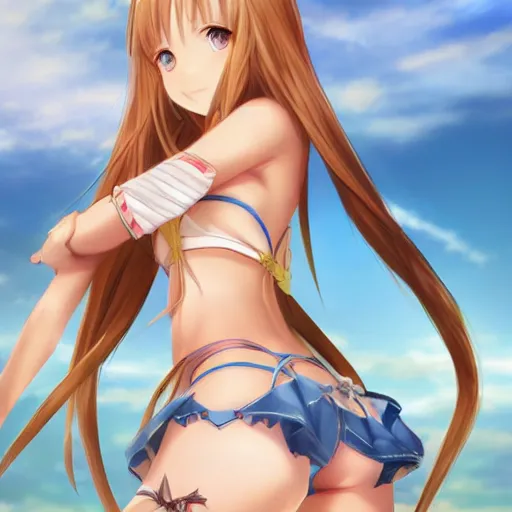 Image similar to a very beautiful mature yuuki asuna, full body, long wavy blond hair, sky blue eyes, full round face, bikini, miniskirt, front view, mid - shot, highly detailed, cinematic wallpaper by stanley artgerm lau