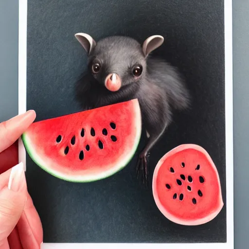 Image similar to cute kawaii realistic fruit bat eats a watermelon piece, digital art, high quality, illustration, art, detailed, 3 d render, by sydney hanson, sticker,