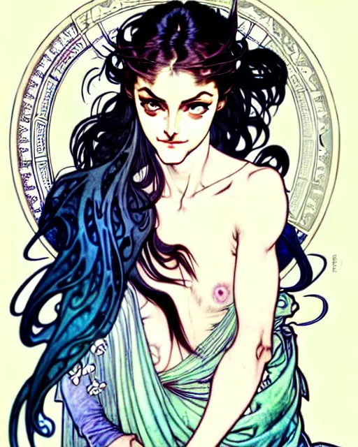 Image similar to in the style of artgerm, arthur rackham, alphonse mucha, phoebe tonkin, symmetrical eyes, symmetrical face, flowing blue skirt, full entire body, hair blowing, intricate filagree, hidden hands, warm colors, cool offset colors