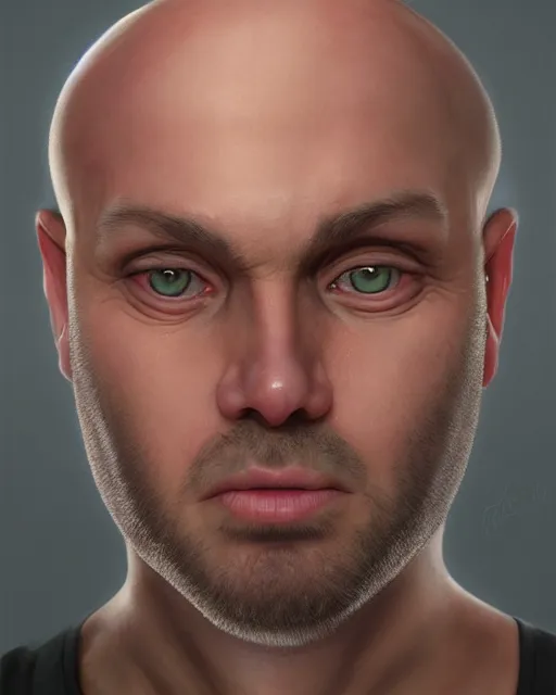 Image similar to portrait of a 4 0 - year - old bald man, with a white complexion, wide, cat - like scarlet eyes, a nose flat like a snake's nose, and a thin mouth, wearing in black clothes, hyper realistic face, beautiful eyes, character art, art by mark brooks, hyperdetailed, cryengine, trending on artstation, digital art