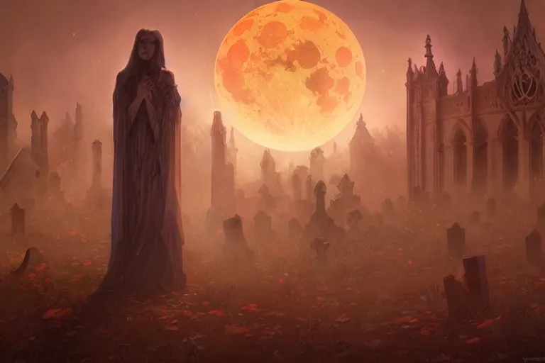Image similar to an ultra detailed animation of a glowing apparition in a graveyard at midnight on halloween, digital art, dark fantasy, concept art, soulslike, by alphonse mucha, blood moon eclipse, ruined building in the background, artstation, 8 k, unreal engine render