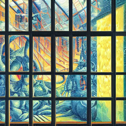 Prompt: water, window, garden, surreal by dan mumford and umberto boccioni, oil on canvas