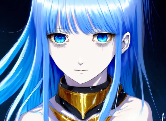 Prompt: rimuru tempest in holy armor, sky blue straight hair, long bangs, with amber eyes, gold eyes, high collar, choker, ultra detailed, concept art, award winning photography, digital painting, cinematic, wlop artstation, closeup, pixiv, evil, yoshitaka amano, andy warhol, ilya kuvshinov,