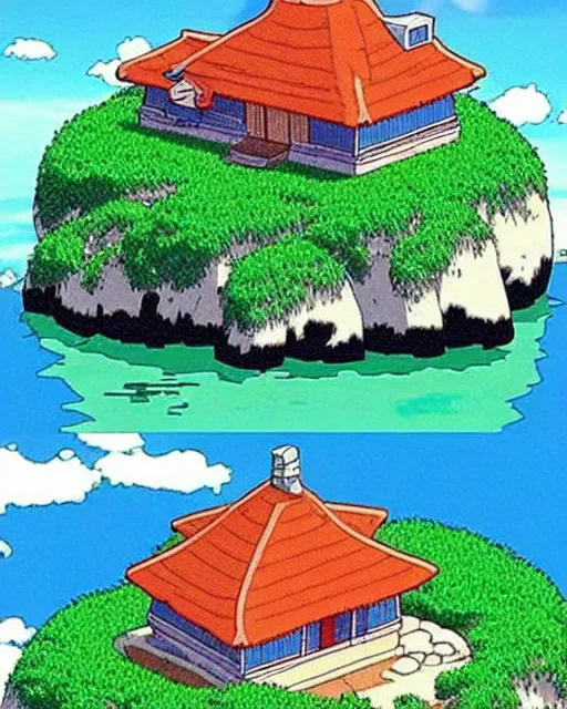 Prompt: kame house is a house on a very small island in the middle of the sea. it is the home of master roshi, and, for much of the dragon ball series, award winning animation by studio ghibli