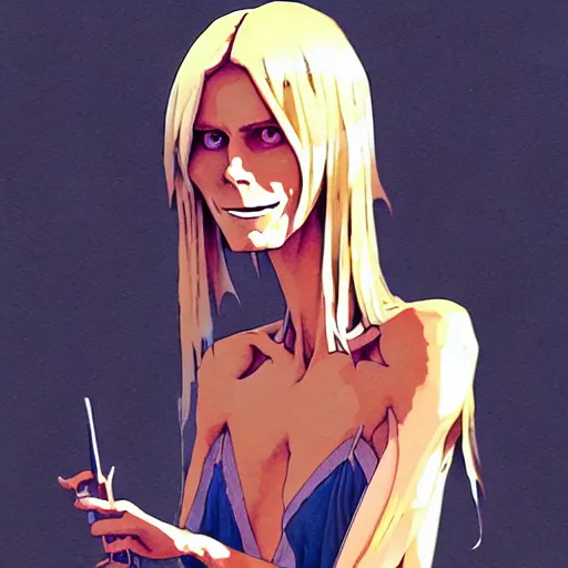 Image similar to a film still portrait of heidi klum, finely detailed features, perfect art, at an ancient city, gapmoe yandere grimdark, trending on pixiv fanbox, painted by greg rutkowski makoto shinkai takashi takeuchi studio ghibli, akihiko yoshida