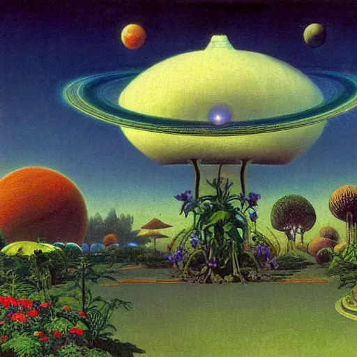 Image similar to a garden in orbit around saturn, 8 k, lowbrow, in the style of martin johnson heade, roger dean and h. r. giger,