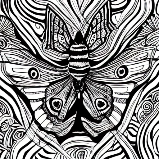 Prompt: black and white illustration, creative design, moth