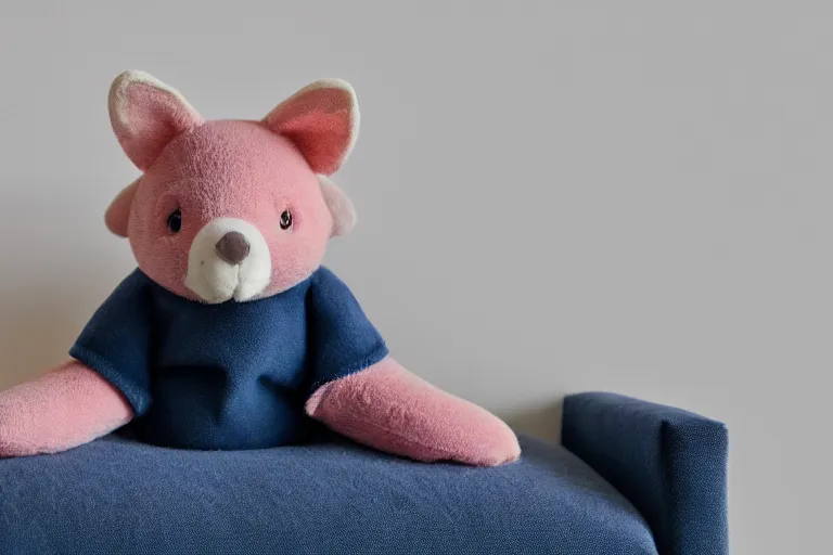 Image similar to a high quality 3 5 mm photo of a pink chubby stuffed animal kangaroo wearing a dark blue shirt, sitting on a couch, an ultrafine detailed photo, trending on artstation, sharp focus, baby toy