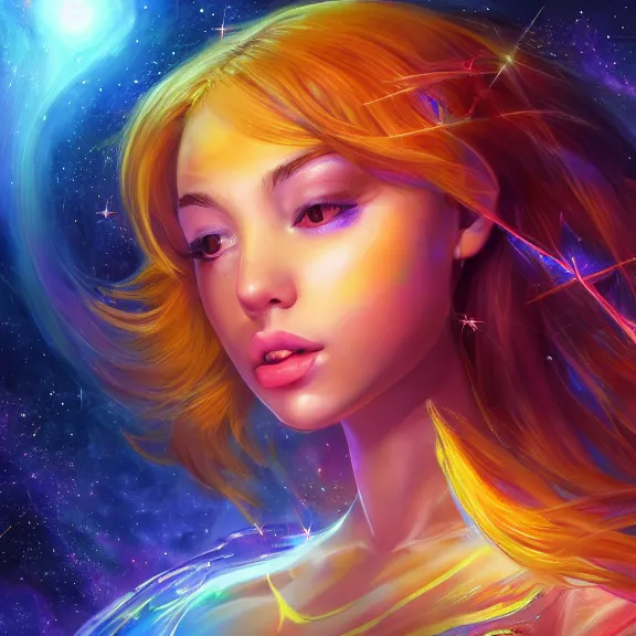Prompt: highly detailed close up portrait of a celestial girl with a body made of cosmic energy, space background, character art, studio lightning, bright colors, intricate, masterpiece, photorealistic, hiperrealistic, sharp focus, high contrast, Artstation HQ, DeviantArt trending, 4k UHD, Unreal Engine 5