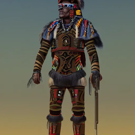 Image similar to a aztec/native american cybernetic mercenary in the style of Jean Giraud Photorealistic HD 8k highlights and shadow detailed High Resolution