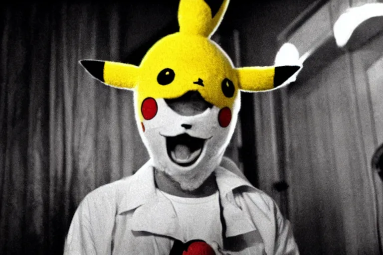 Prompt: Jack Nicholson dressed up in costume of Pikachu, scary, horror, still from the film by Stanley Kubrick