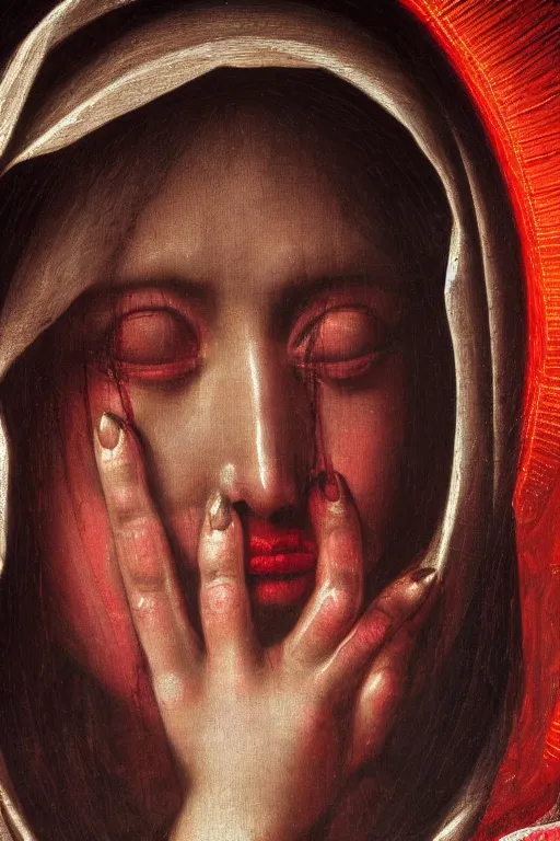 Prompt: extreme close-up portrait of crying virgin mary in darkness, red tears, in style of classicism, hyper detailed