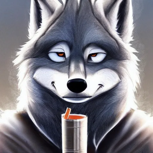 Image similar to beautiful furry art of wolf in smoking, high quality, detailed, zootopia style