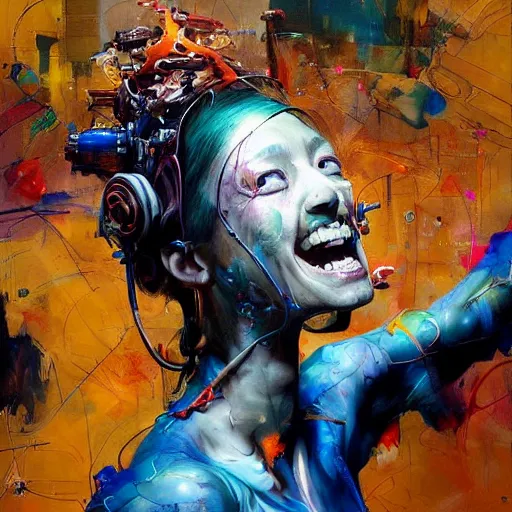 Image similar to grinning woman in a vr headset, dynamic energic pose, cyberpunk in the style of adrian ghenie, esao andrews, jenny saville, surrealism, dark art by james jean, takato yamamoto