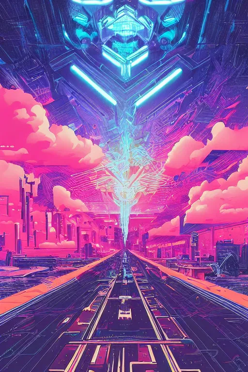 Prompt: thunders in the sky in a future cybernetic city, outrun style and colours, trending on arstation, by dan mumford, by ross tran