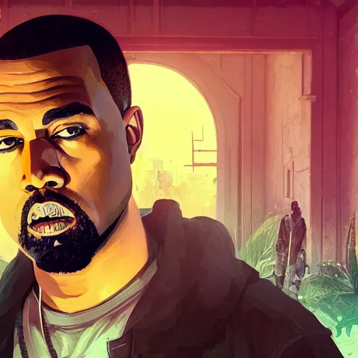 Image similar to highly detailed portrait, kanye west, in gta v, stephen bliss, unreal engine, fantasy art by greg rutkowski, loish, rhads, ferdinand knab, makoto shinkai and lois van baarle, ilya kuvshinov, rossdraws, tom bagshaw, global illumination, radiant light, detailed and intricate environment