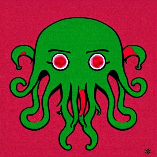 Image similar to a cute cthulhu icon drawn in the style of rockwell kent