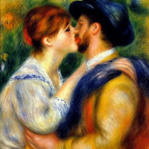 Image similar to art by renoir, man kissing man, people wearing clothes