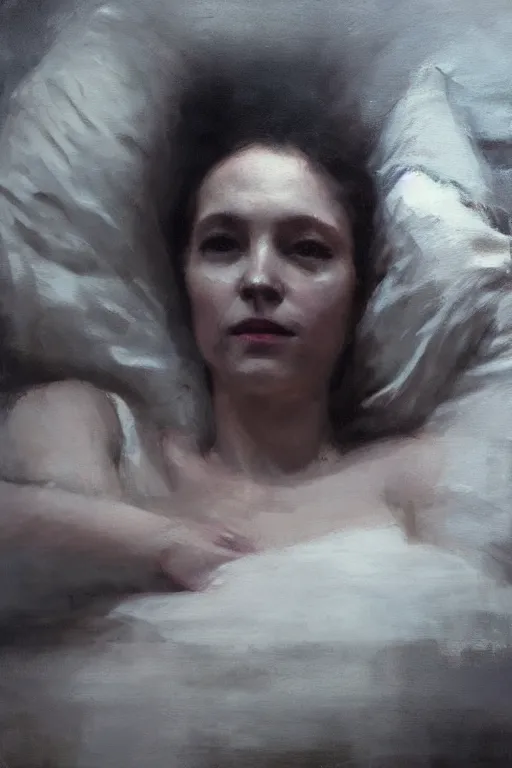 Image similar to detailed cinematic moody colors studio portrait of the memories of a lady in bed, high quality by jeremy mann, only one head single portrait