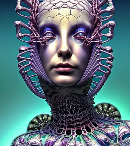 Prompt: artstation futuristic 3 d model of hyper - detailed beautiful groovypunk queen of galaxy in full regal attire. face portrait. art nouveau!!!, symbolist, visionary, baroque, giant fractal details. horizontal symmetry by zdzisław beksinski, iris van herpen, raymond swanland and alphonse mucha. hyper - real, beautiful