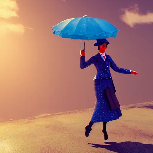 Prompt: mary poppins holding an umbrella, being blown to the sky by the strong wind. 3 d octane render