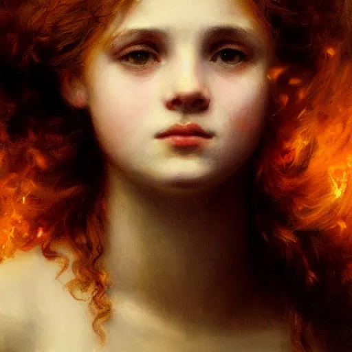Prompt: a very beautiful portrait of a girl on fire by charles amable lenoir, highly detailed, sharp focus, award winning art, trending on artstation