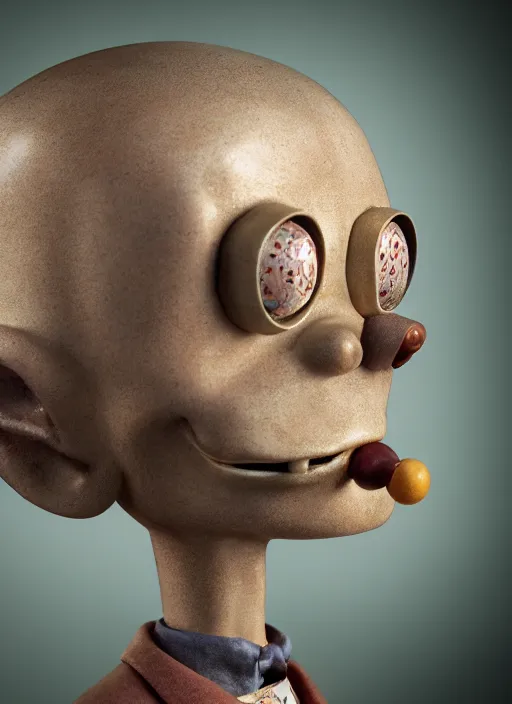 Image similar to highly detailed closeup, face profile portrait of a tin toy albert fish eating cakes, unreal engine, nicoletta ceccoli, mark ryden, earl norem, lostfish, global illumination, detailed and intricate environment