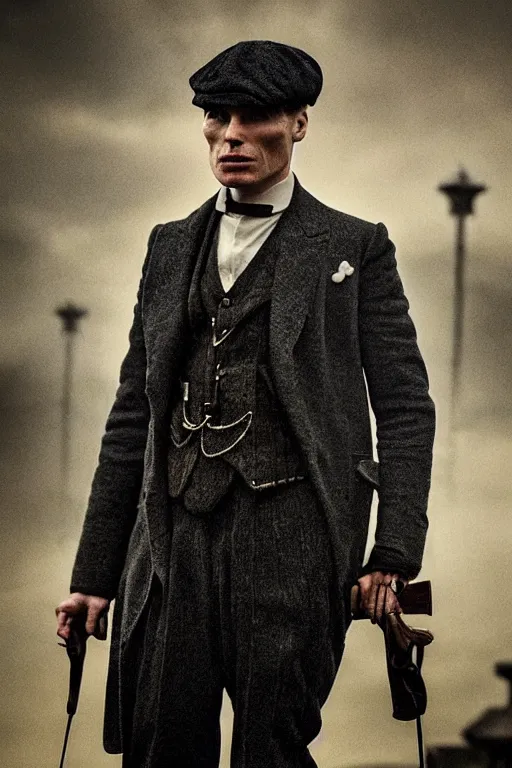 Prompt: Dramatic Full-body portrait of Cillian Murphy in Peaky Blinders standing, dramatic, gloomy, dark, bleak, cheerless, desolate, impressive, tragic, cinematic, dull colours, dark colour scheme, atmospheric