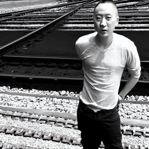 Image similar to justin sun tied to train tracks