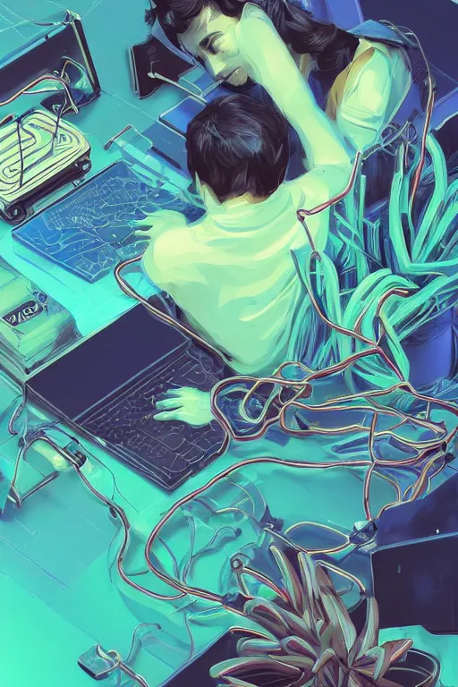 Prompt: epic 3 d abstract 🇵🇷 laptop hacker, spinning hands and feet, 2 0 mm, with teal and navy butter melting smoothly into asymmetrical succulents and phones, delicate, thick wires, liquid cooled, beautiful, intricate, houdini sidefx, trending on artstation, by jeremy mann, ilya kuvshinov, jamie hewlett and ayami kojima