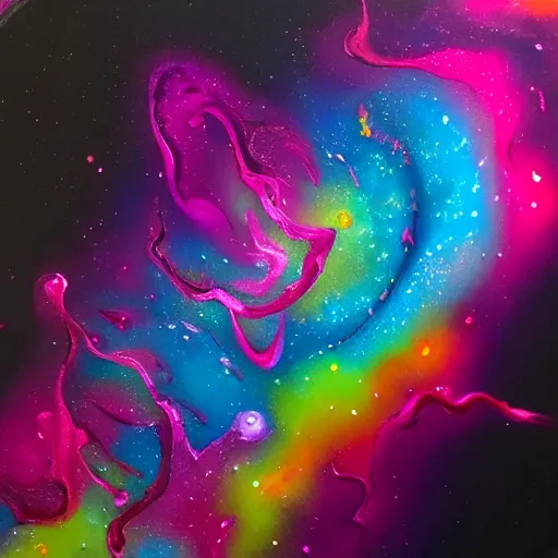 Image similar to paint pour, marbling, very detailed, 8k 4k, cosmic nebula, alien worlds, sherbert sky, glowing rainbow neon ink, deep color hokusai wave in synthwave style