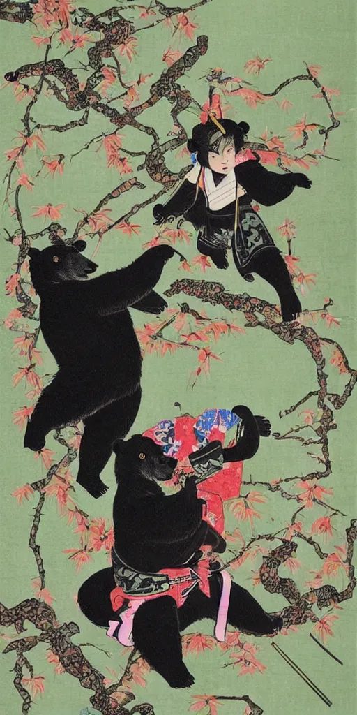 Prompt: anthropomorphic asian black bear samurai, lifting up a small girl wearing a kimono, to pick an apple from a branch above their heads. a menacing snake curled through the branches. top japanese artists of all time