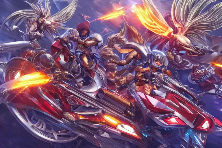 Image similar to an ultra detailed 3 d vector render of card games on motorcycles, yu - gi - oh anime, ultrawide lense, aerial photography, 8 k, volumetric lighting, smooth, highly detailed, digital illustration, art by greg rutkowski and akira toriyama and artgerm