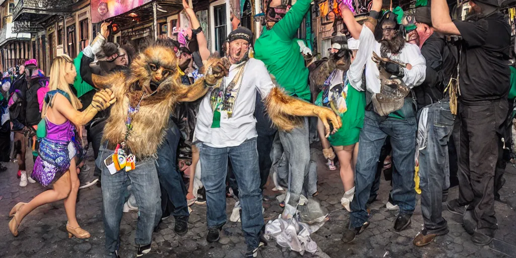 Prompt: a werewolf on Bourbon Street, New Orleans, Mardi Gras, real drunk