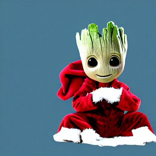 Image similar to baby groot sitting on a mall santas lap