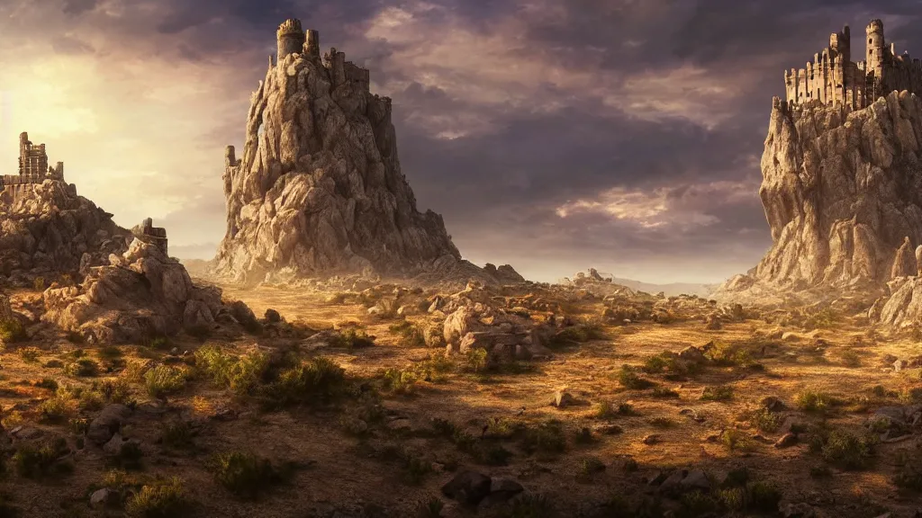 Prompt: arid rocky hills with towerhouse castle sparse desert shrubs , windy, Game of Thrones, volumetric lighting, fantasy artwork, very beautiful scenery, very realistic painting effect, hd, hdr, cinematic 4k wallpaper, 8k, ultra detailed, high resolution, artstation